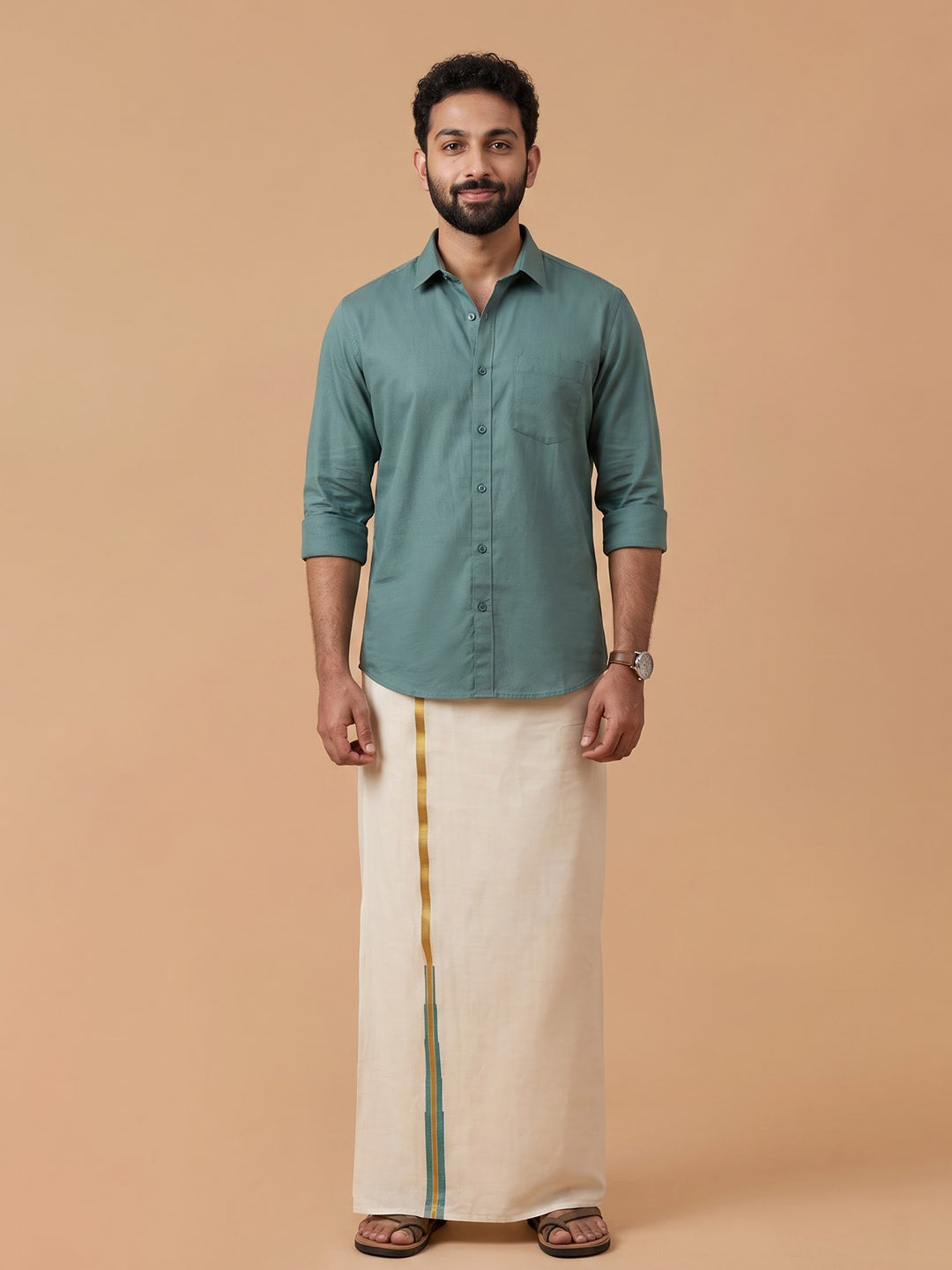 Double Layer 100% Cotton Cream Kora Dhoti with Colour Jari Border - LC51