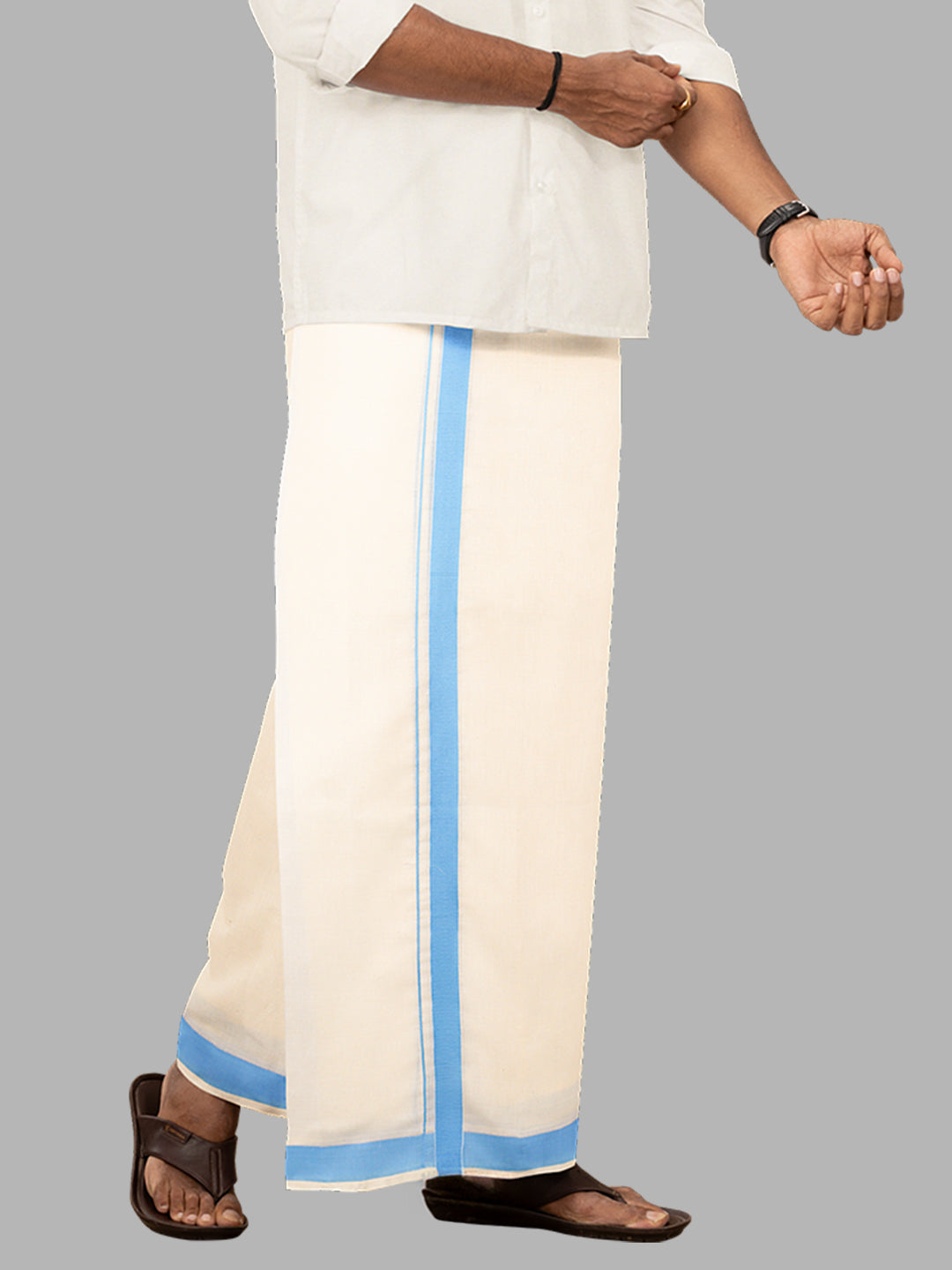 Men Kora Cotton Double Layer Dhoti with Blue Fancy Border LS10