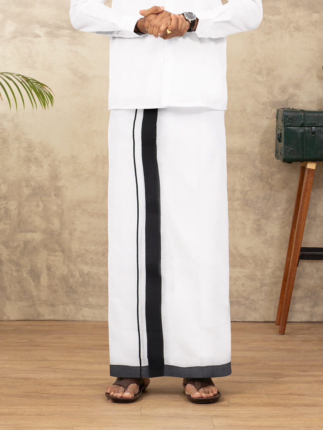 Men Cotton Blend Double Layer White Dhoti with Black Fancy Border Rivan Spl