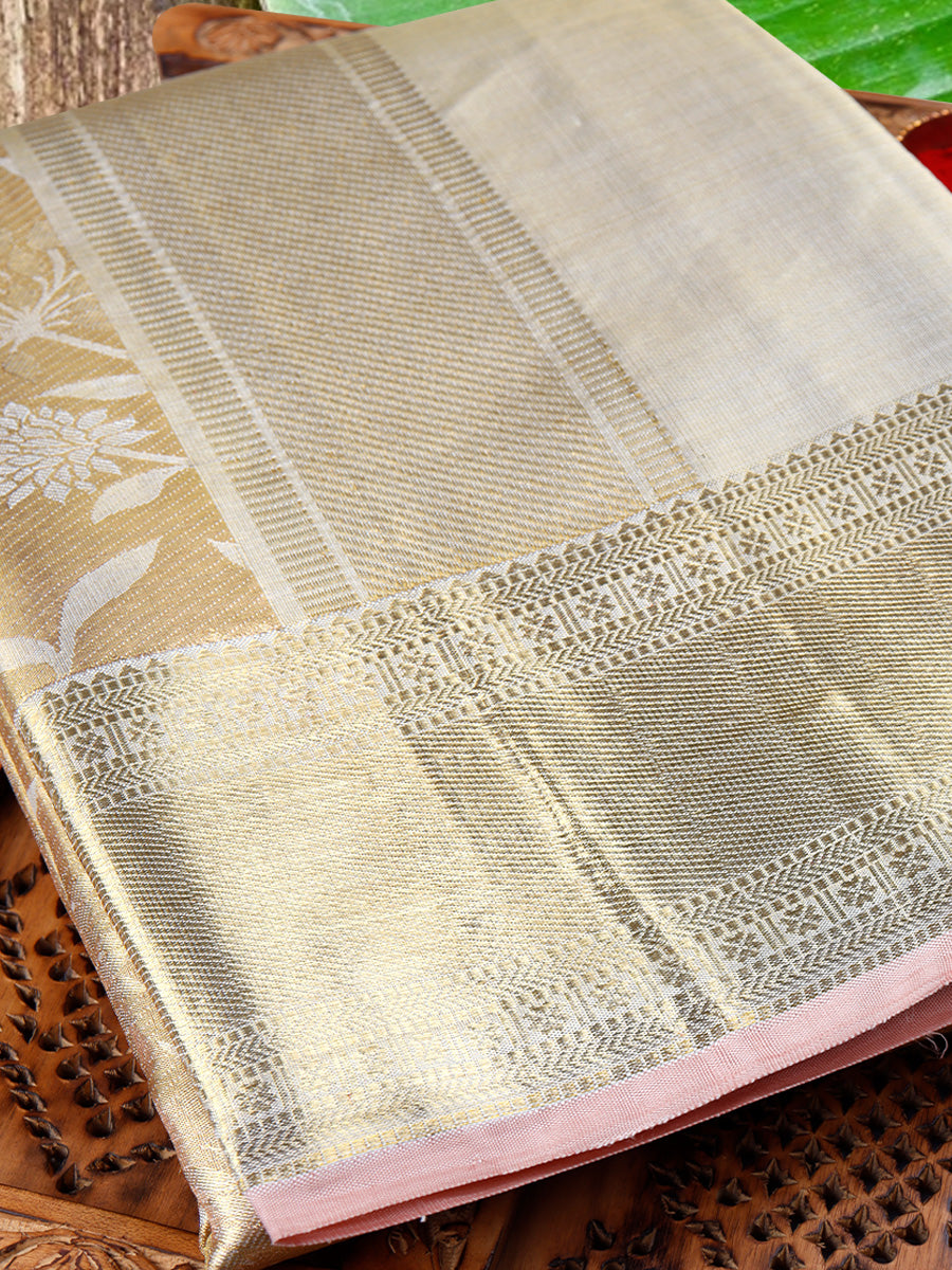 Premium Pure Silk Tissue Jari Dhoti With Angavastram 5" Gold Jari Border Agarshanaa-Zoom view