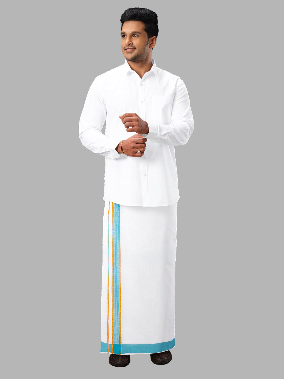 Men Cotton Blend Readymade Single Layer White Dhoti with Fancy Jari Border GACJ07