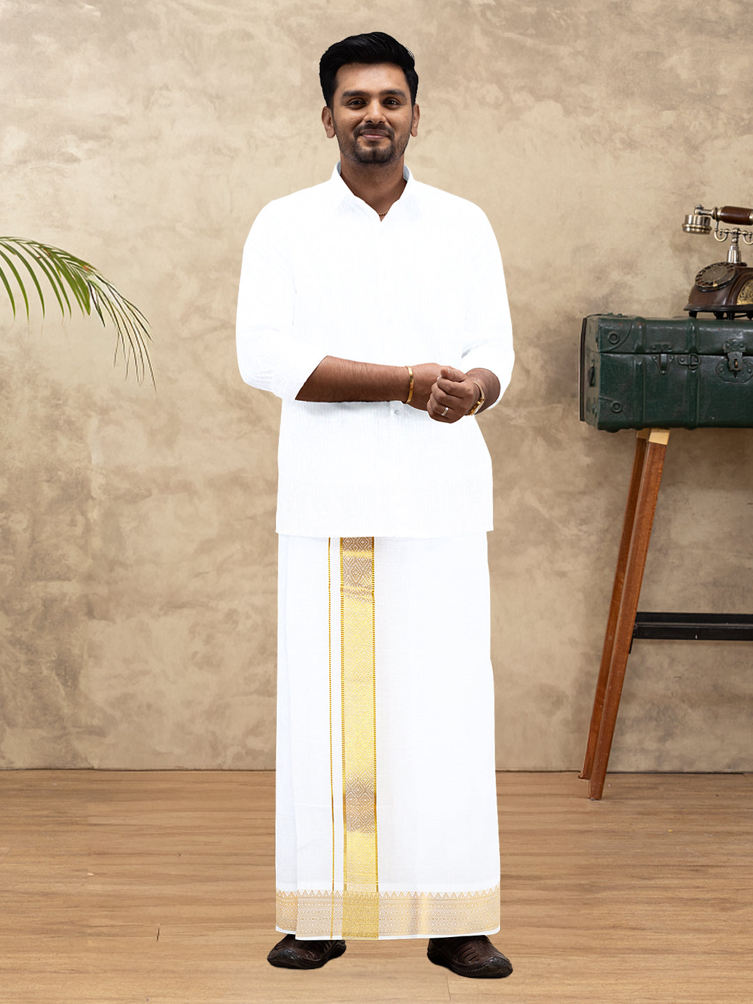 Men 100% Cotton Single Layer White Dhoti with Gold Jari Border Aura 306