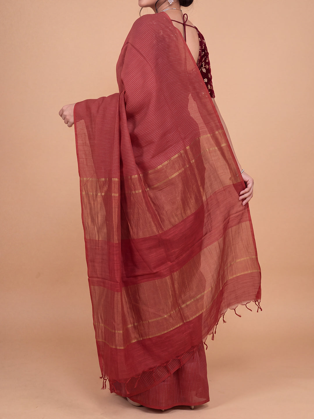 Women Semi Tussar Red Striped Saree ST365