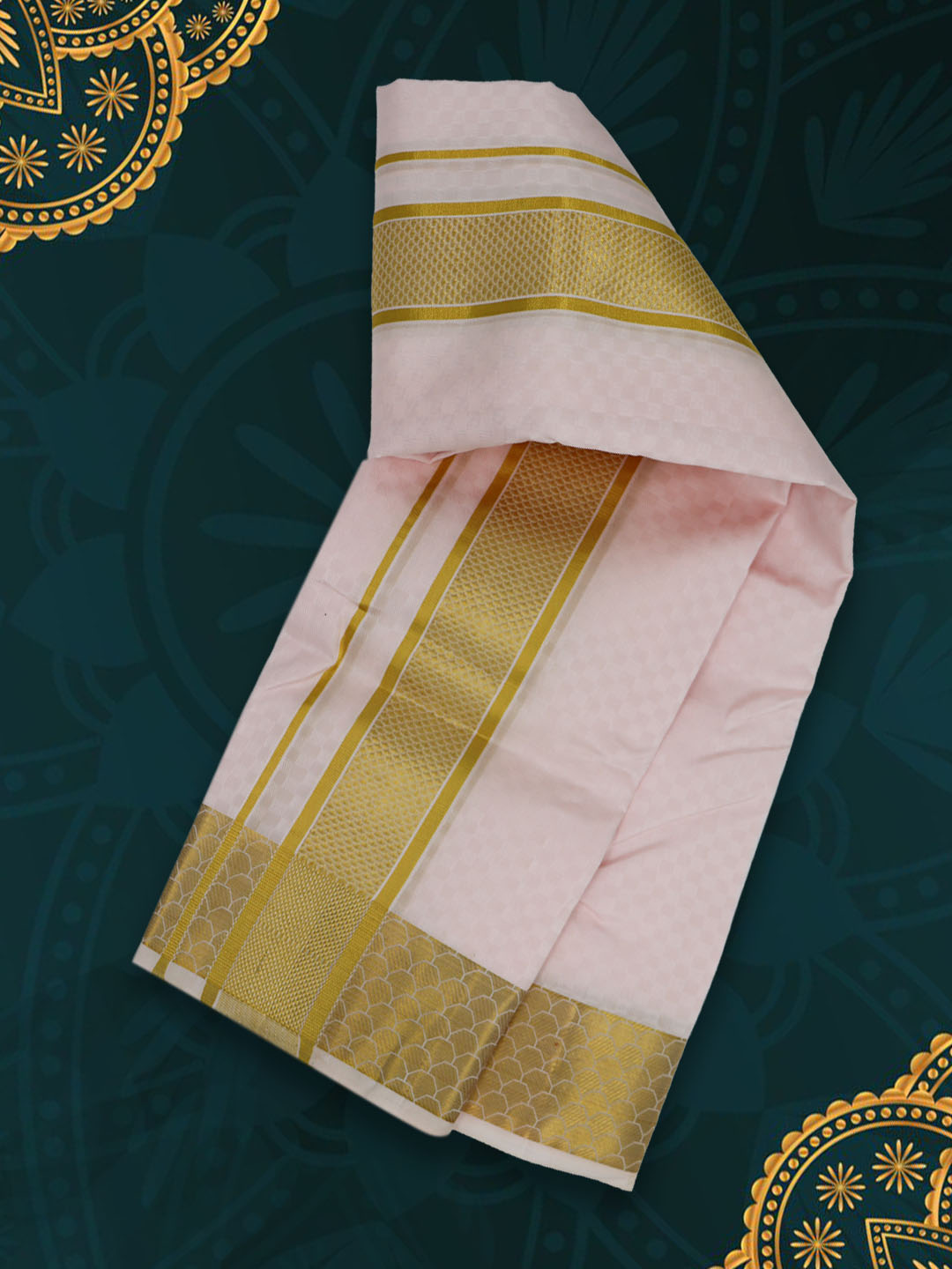 Men Pure Silk Embossed Light Pink Dhoti & Towel Set with 3" inch Gold Fancy Jari Border