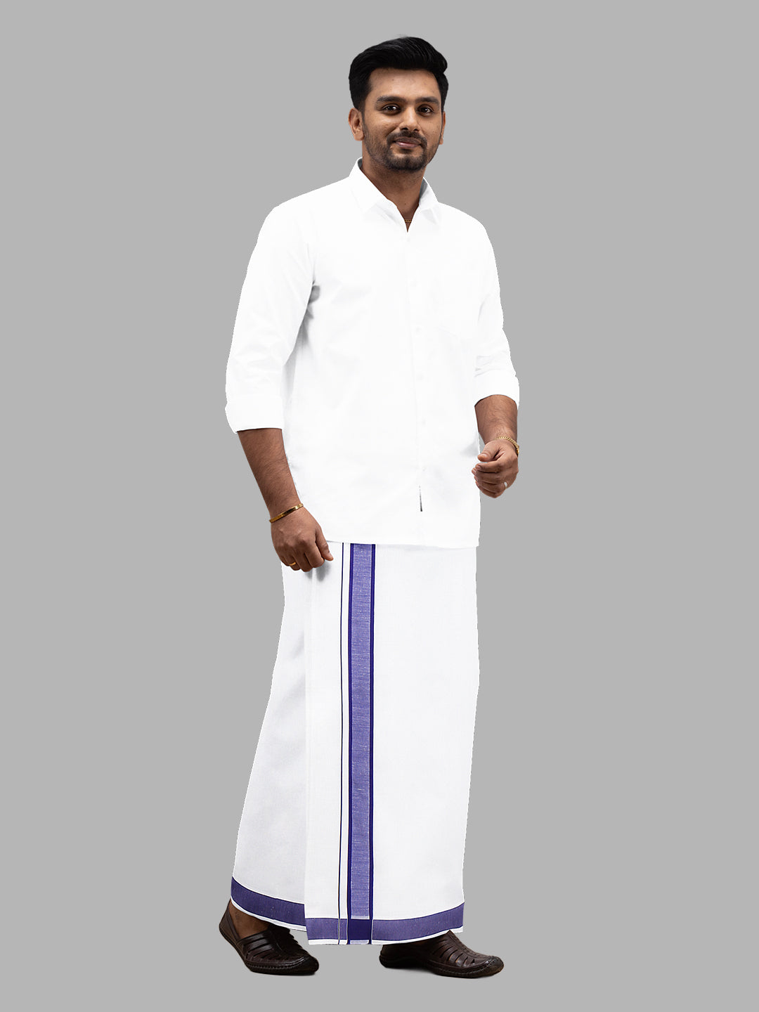 Men Cotton Blend Single Layer White Dhoti with Double Side Fancy Border HM 02