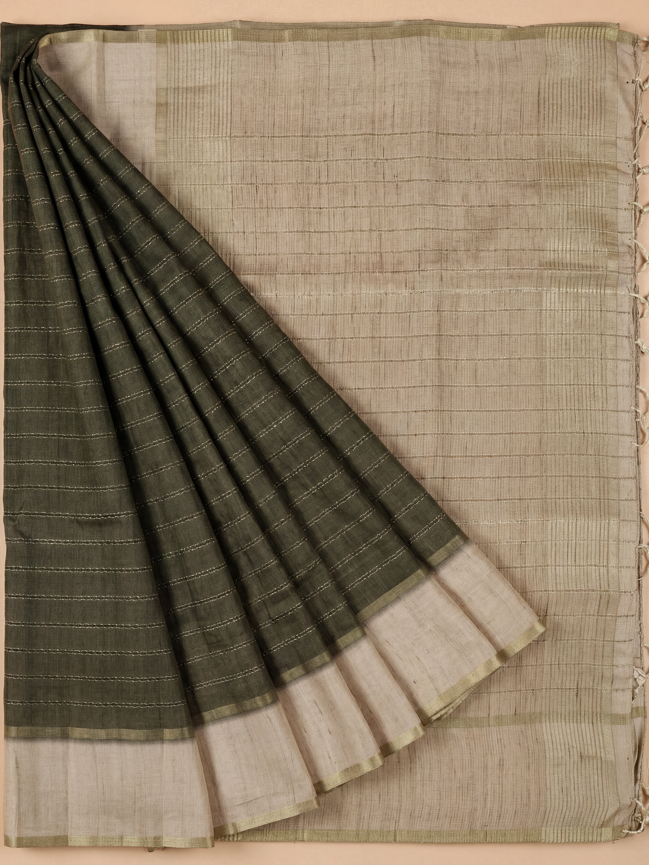 Women Semi Tussar Olive Green Saree ST326