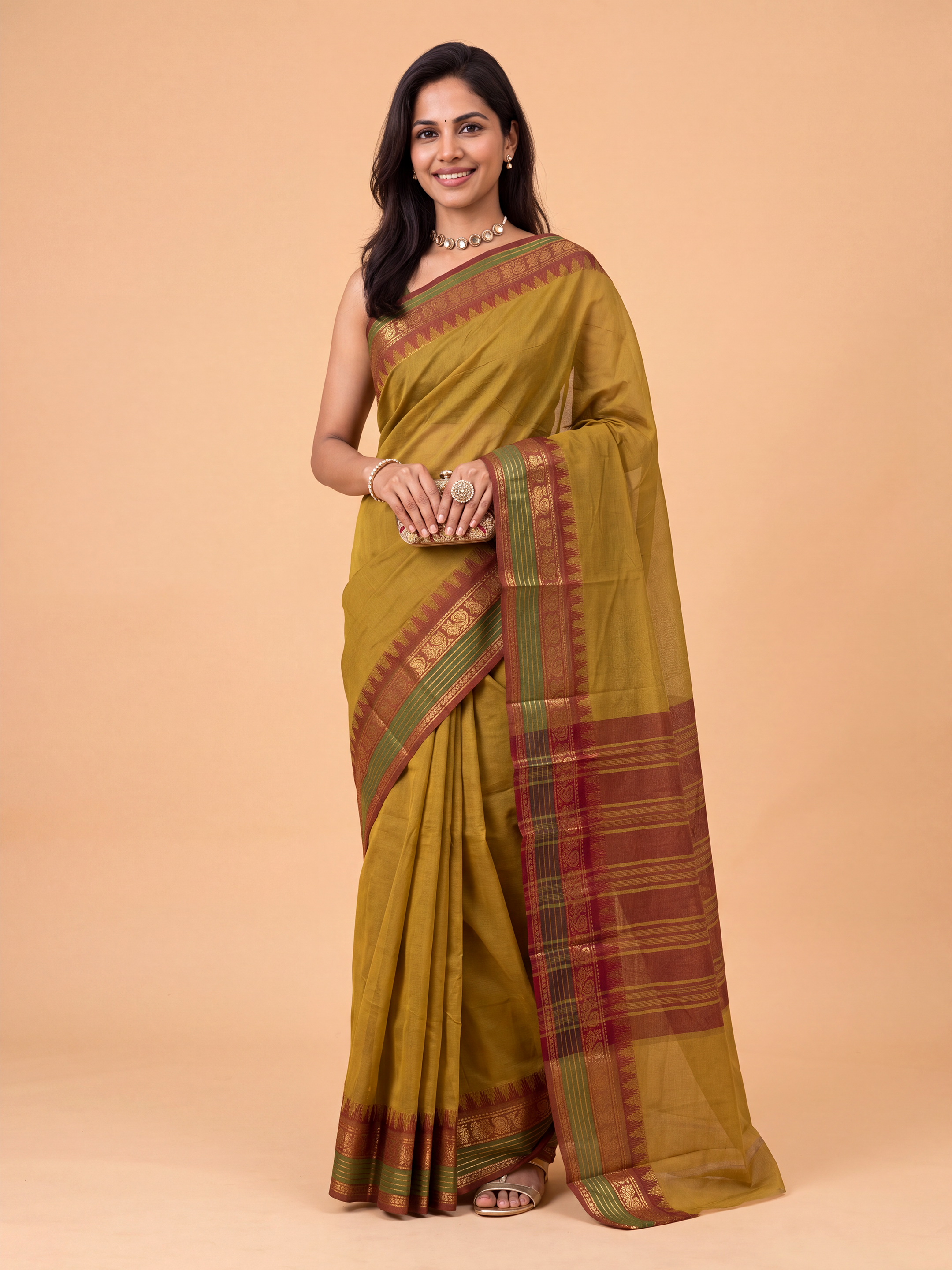Women Mustard Green Chettinad Cotton Saree CCS01