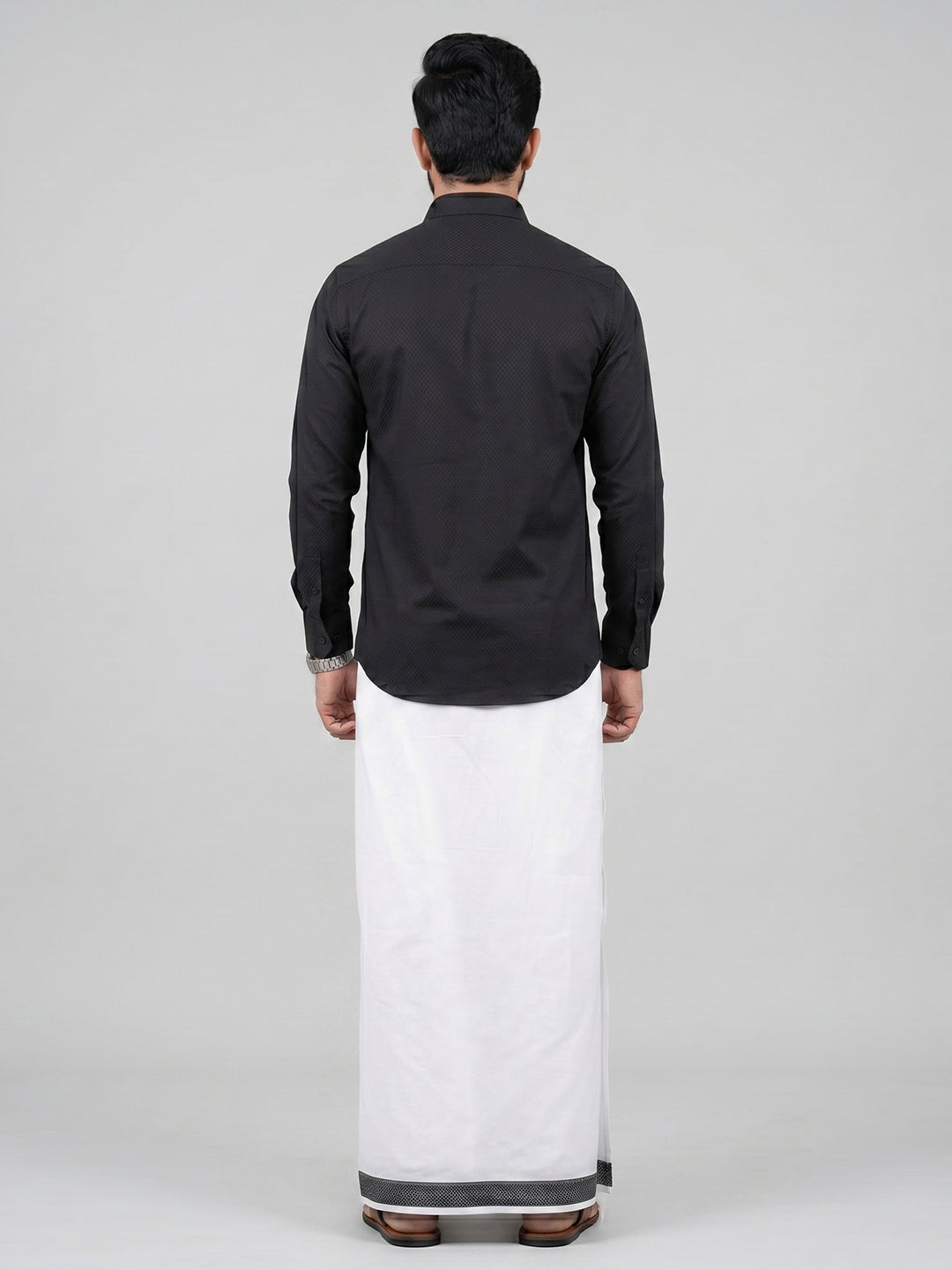 Men Black Matching Border Dhoti With Printed Shirt Set Windsor HNJ6