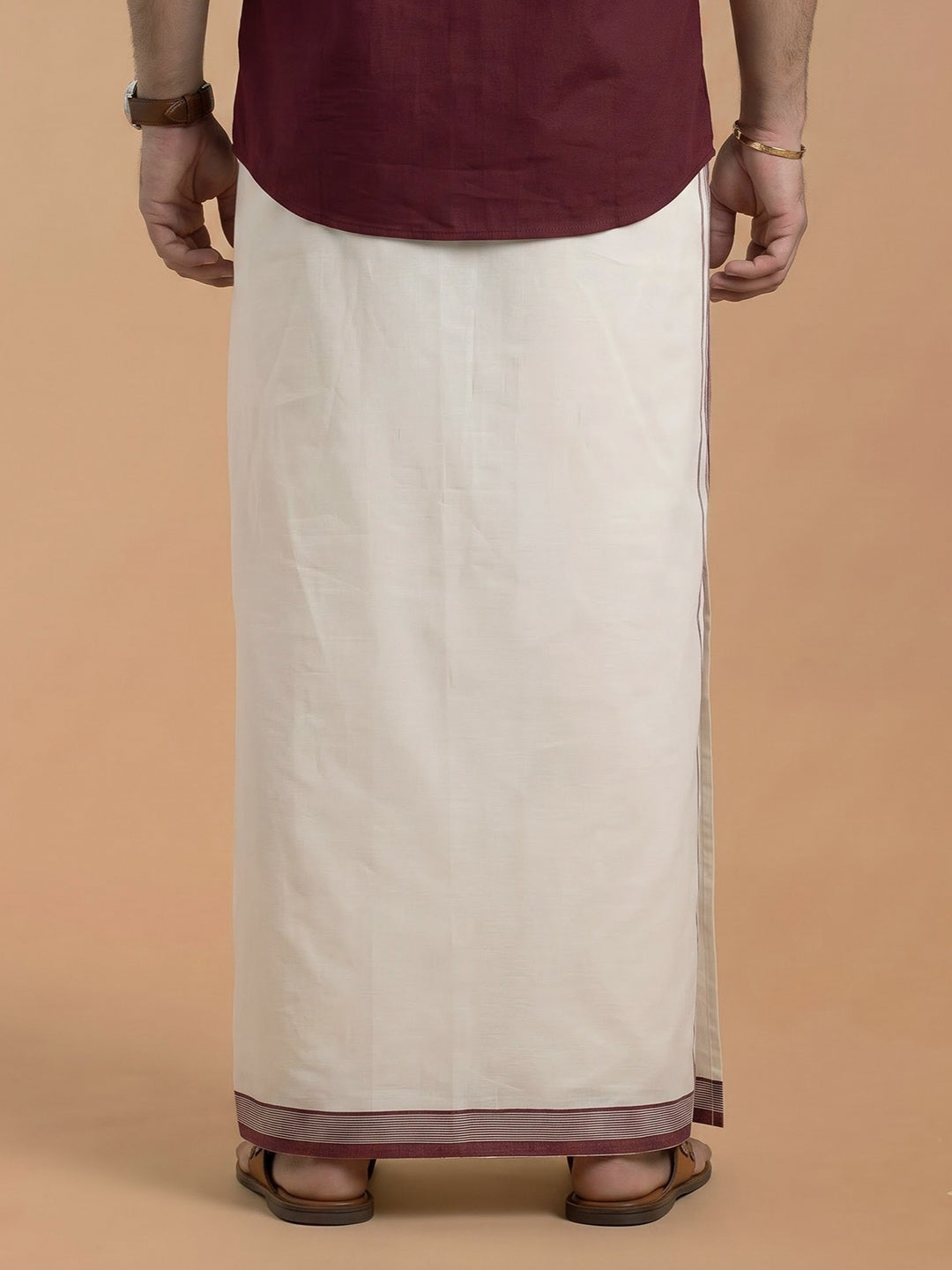 Double Layer Supima Cotton Cream Kora Dhoti with Colour Border - LC34