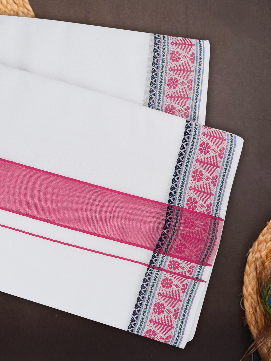 Men Cotton Pink Fancy Border Panchakacham with Angavasthram Srirasthu(9+5) SR54
