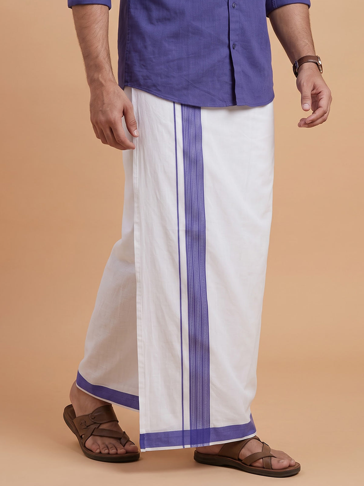 Double Layer Cotton White Dhoti With Colour Border - RFF02