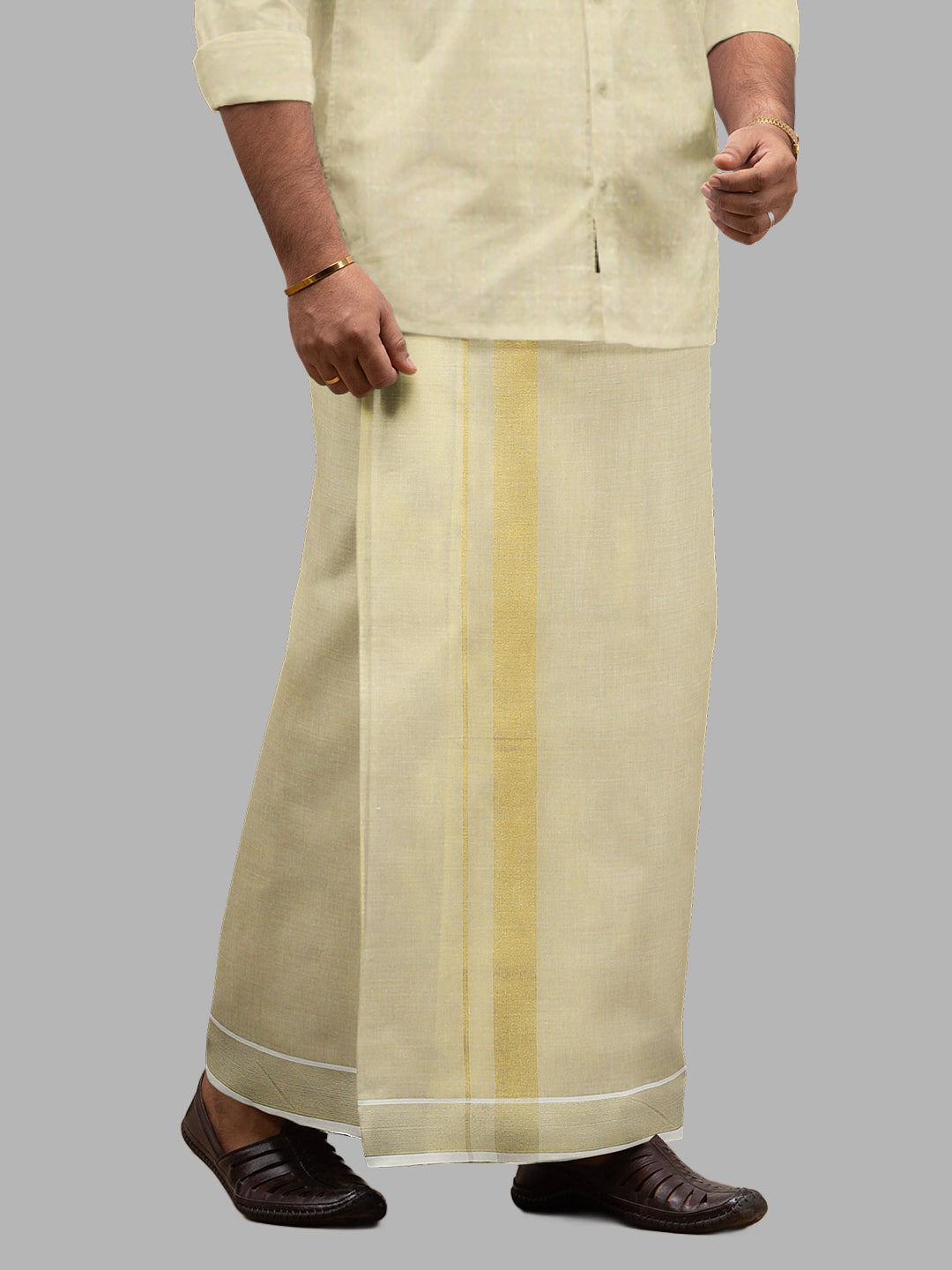 Men Tissue Double Layer Gold Dhoti with Fancy Jari Border
