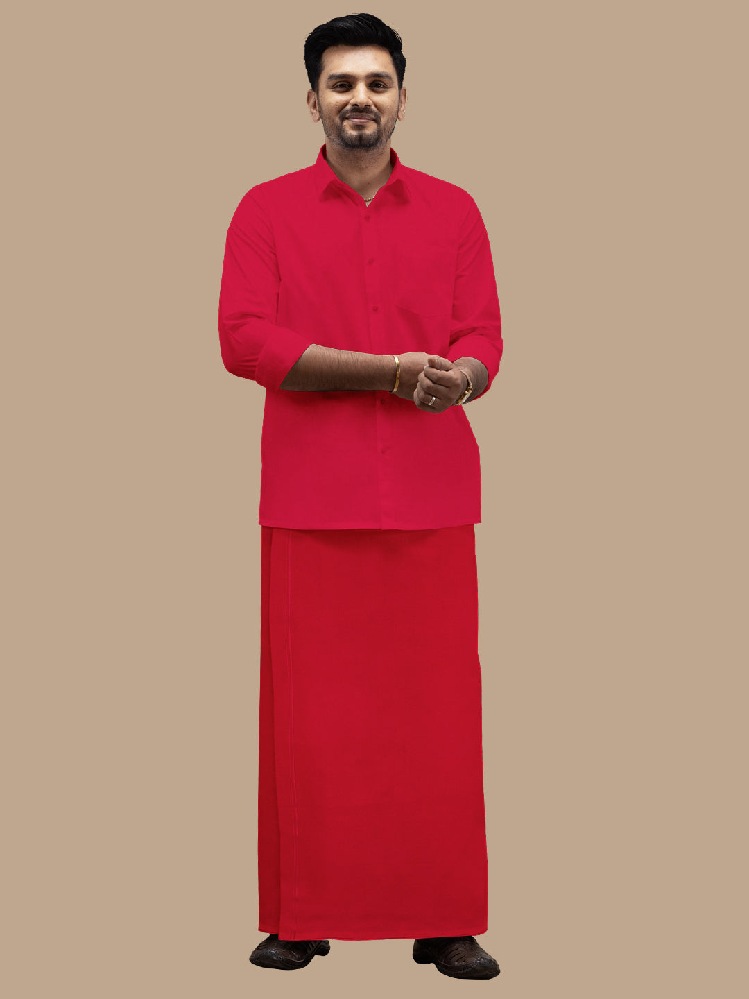 Men Cotton Blend Readymade Single Layer Red Dhoti with Assorted Border