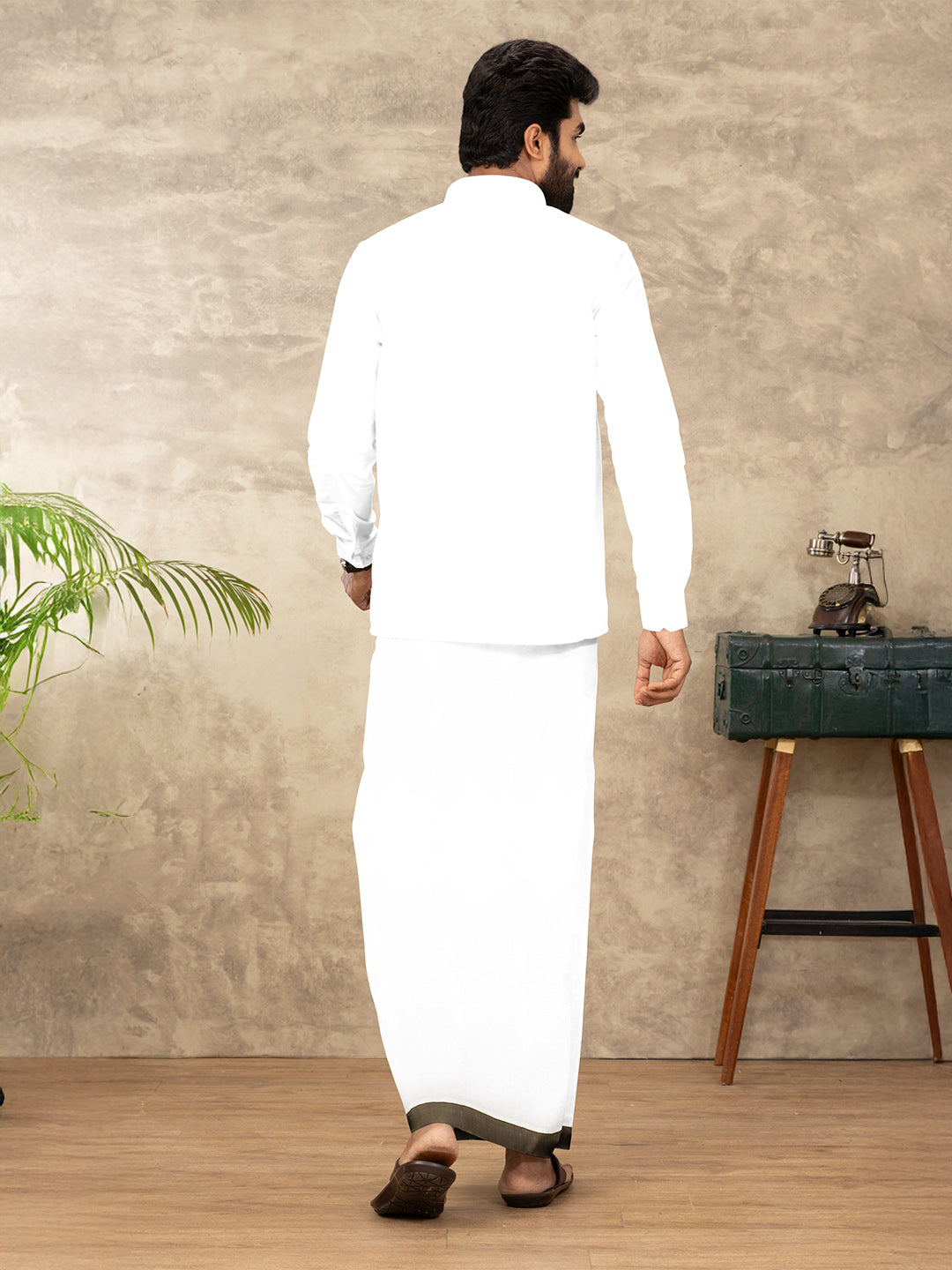Men Cotton Blend Double Layer White Dhoti with Fancy Border TF06
