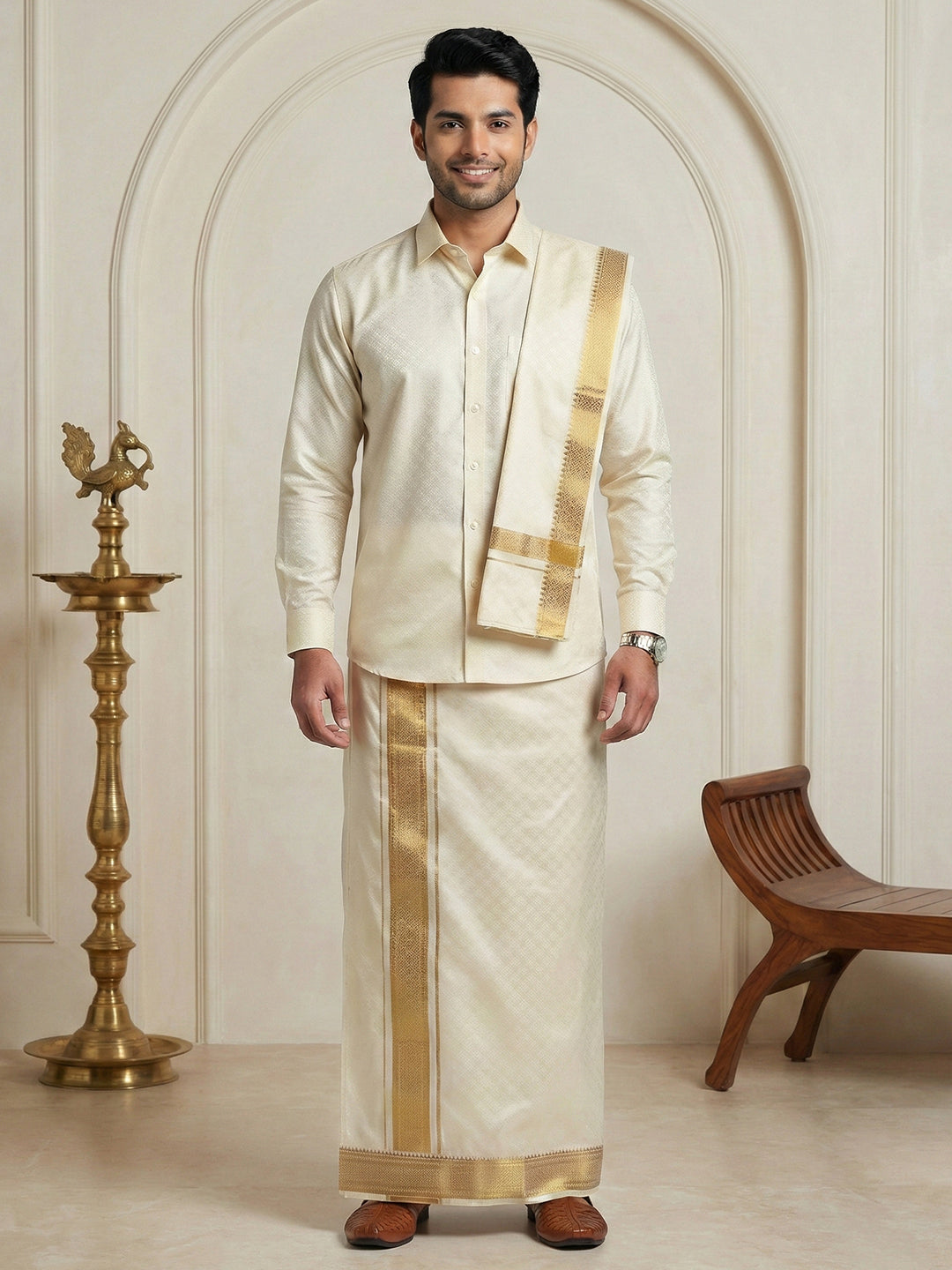 Men Art Silk Self Design Shirt with Readymade Dhoti & Towel Set Cream CRJD4