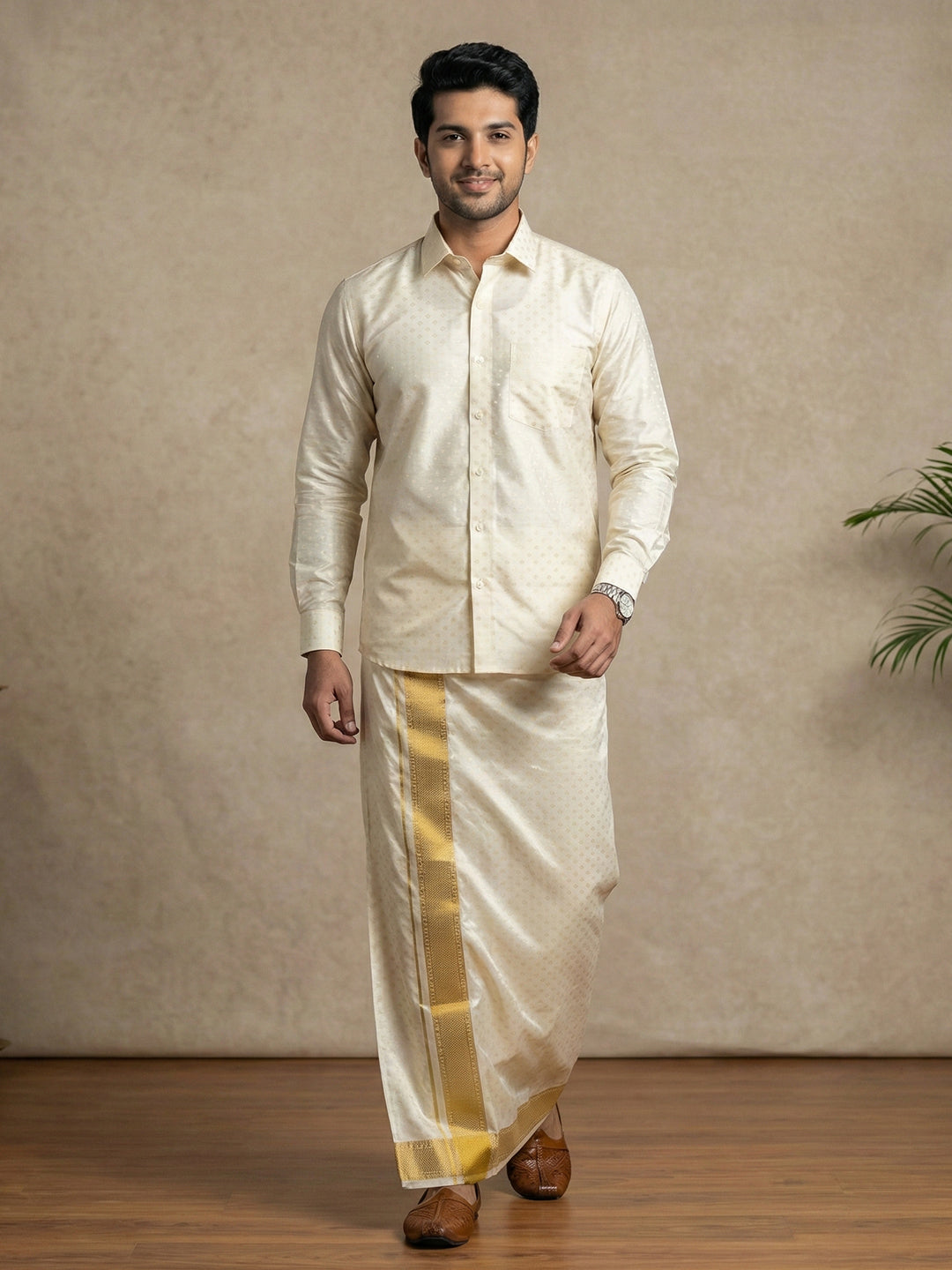 Men Art Silk Self Design Shirt with Readymade Dhoti & Towel Set Cream CRJD5