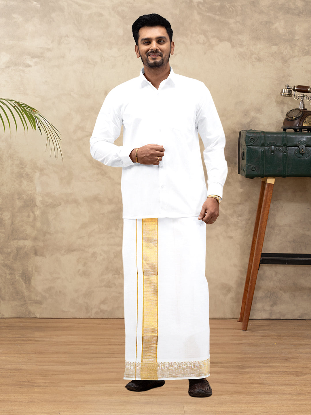 Men 100% Cotton Single Layer White Dhoti with Gold Jari Border Aura 315