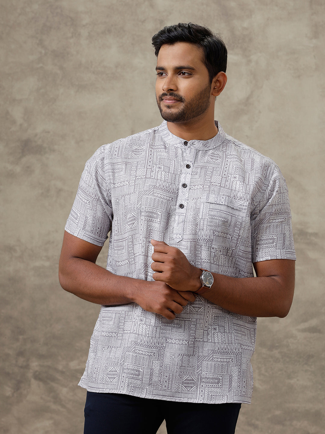 Men Cotton Short Length Printed Pocket Kurta Greyish White RI04