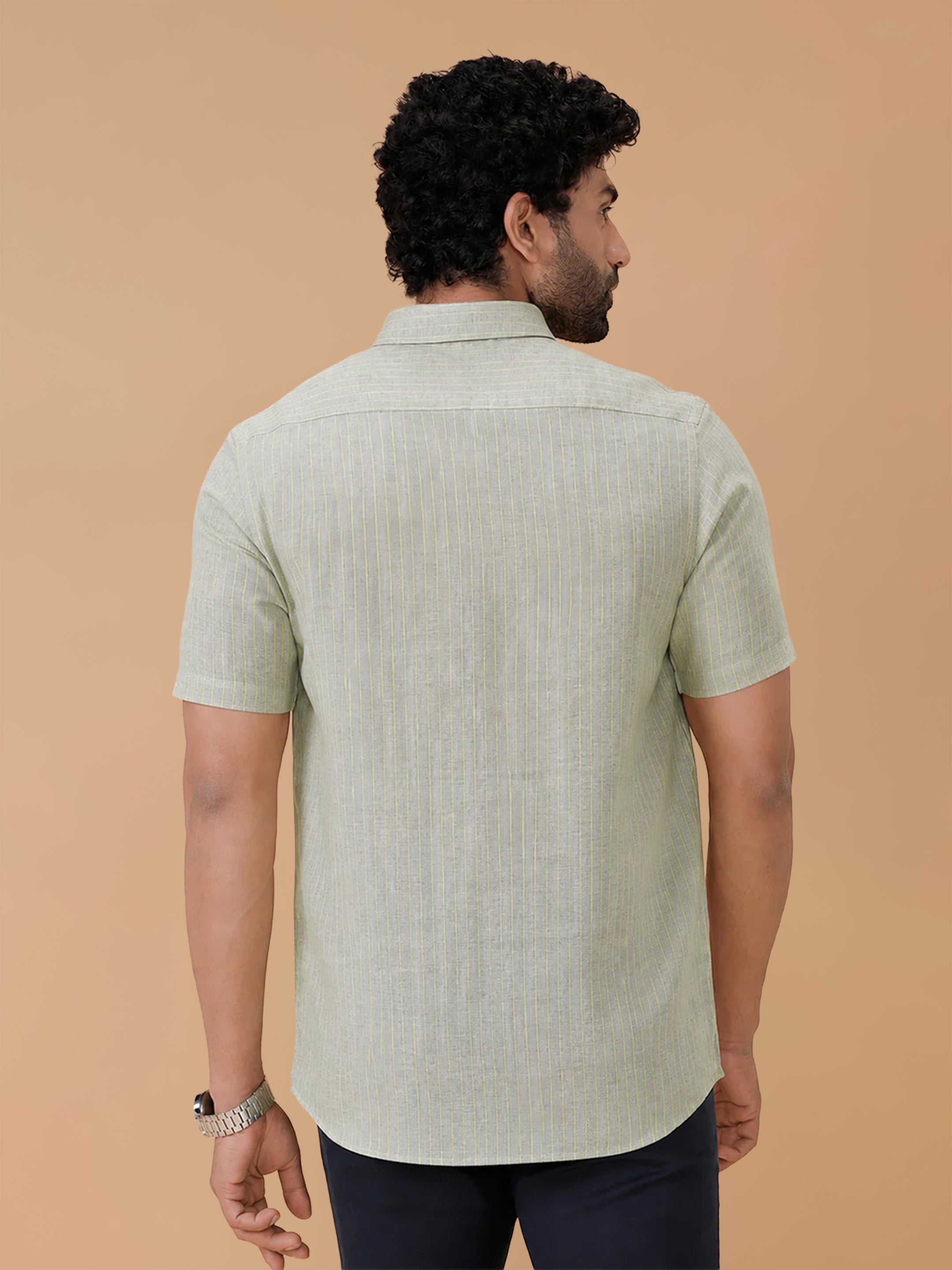 Pure Linen Yellowish Mist Green Striped Smart Fit Shirt LS34