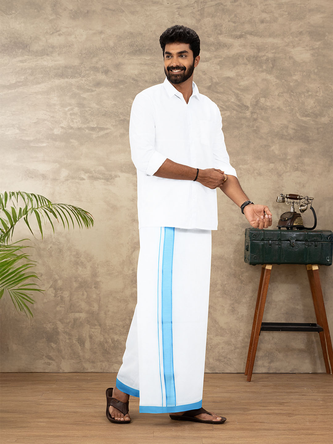 Men 100% Cotton Double Layer White Dhoti with Fancy Border RFP05