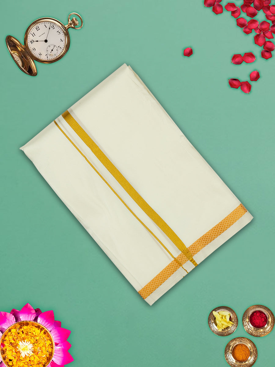 Men Pure Silk Cream with 1 1/2" inch Jari Border Dhoti Shirting & Towel Set Rajahamsa