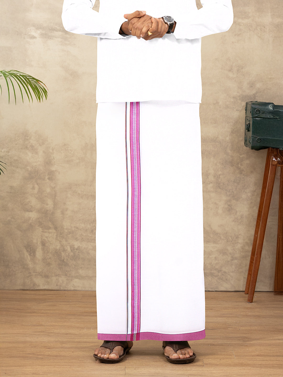 Men Cotton Blend Single Layer White Dhoti with Fancy Jari Border HSF03