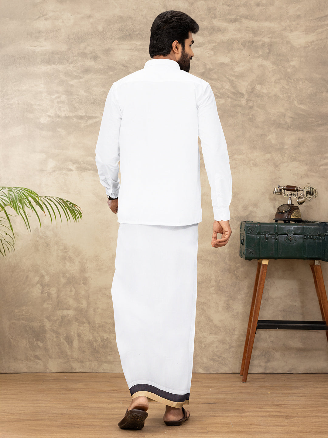 Men 100% Cotton Double Layer White Dhoti with Fancy Jari Border EJF6