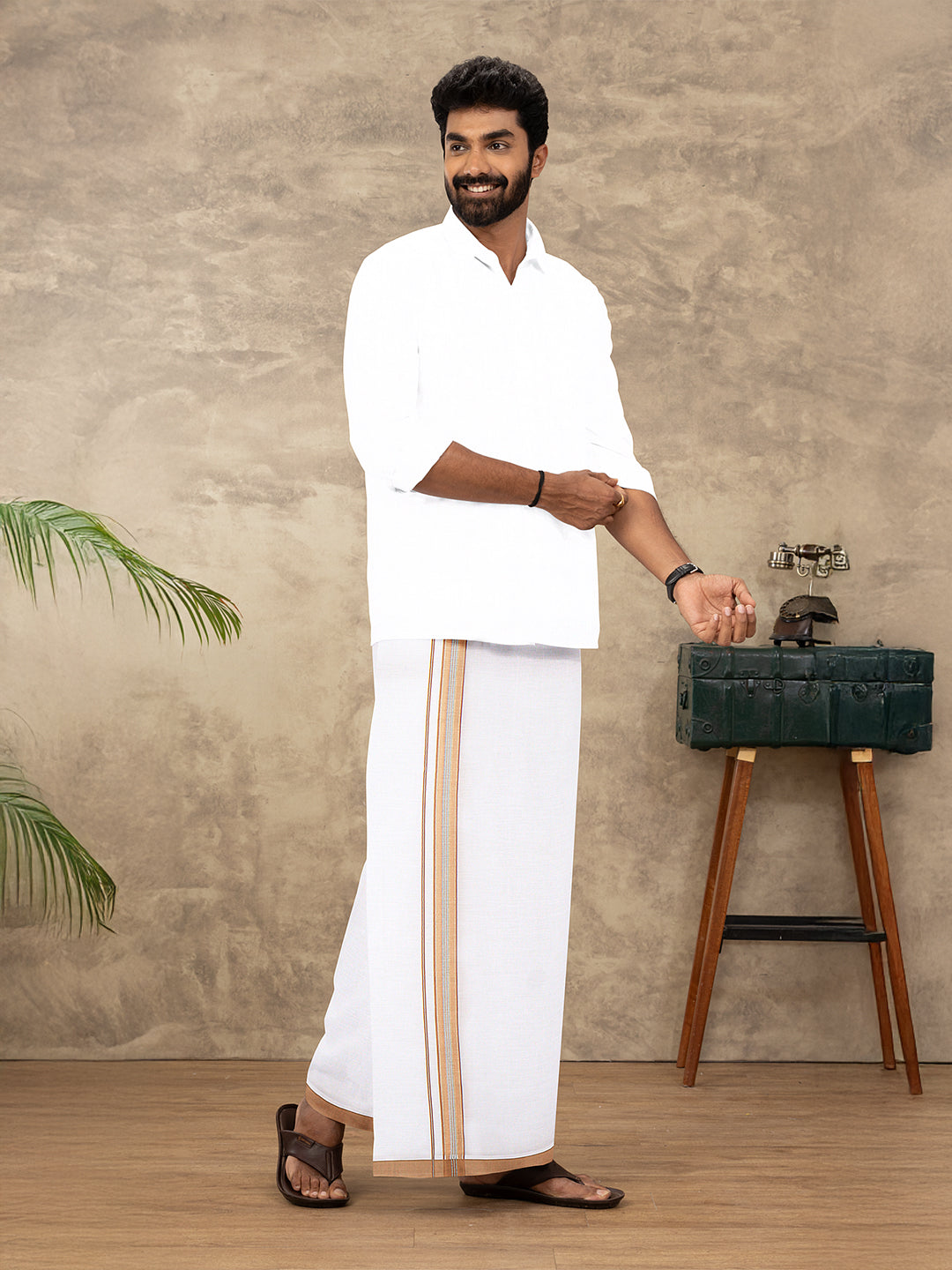 Men Cotton Blend Single Layer White Dhoti with Fancy Jari Border HSF04