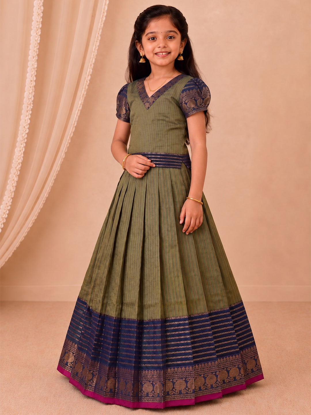Girls Cotton Green with Blue Pattu Pavadai Set GPS54