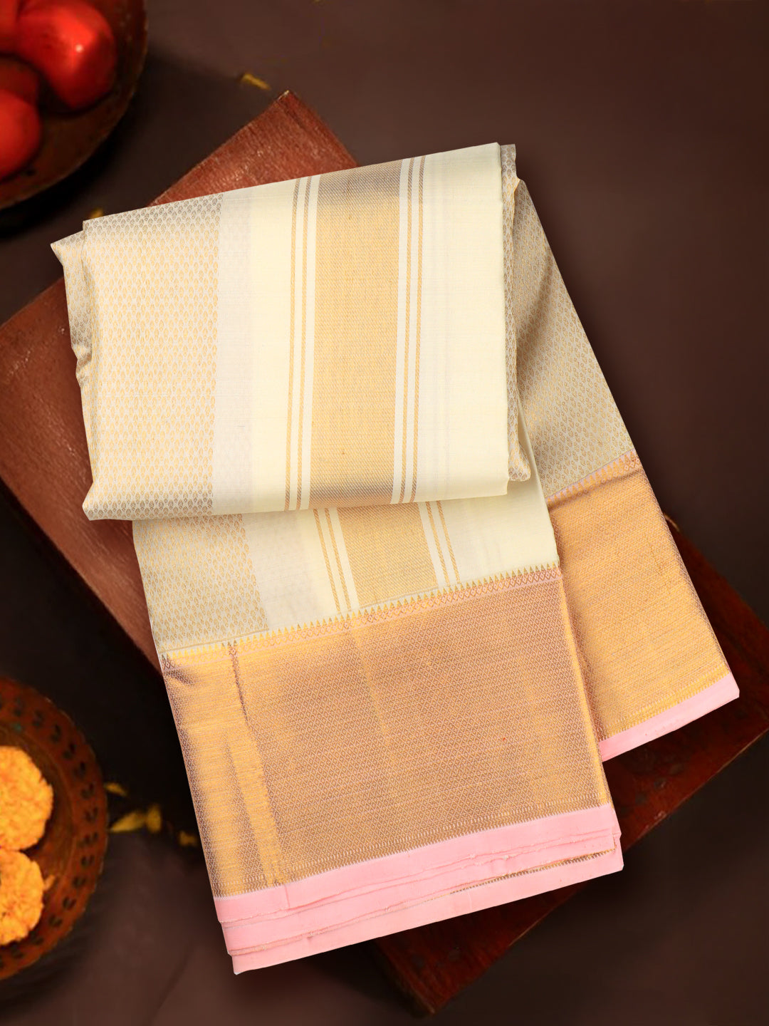 Men Premium Pure Silk Dhoti & Towel Set with 6" inch Gold Jari Border Amirtham AM8