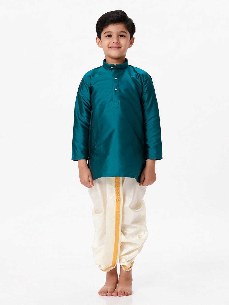 Boys Silk Cotton Full Sleeves Dark Green Kurta with Panchakacham Combo-Full view