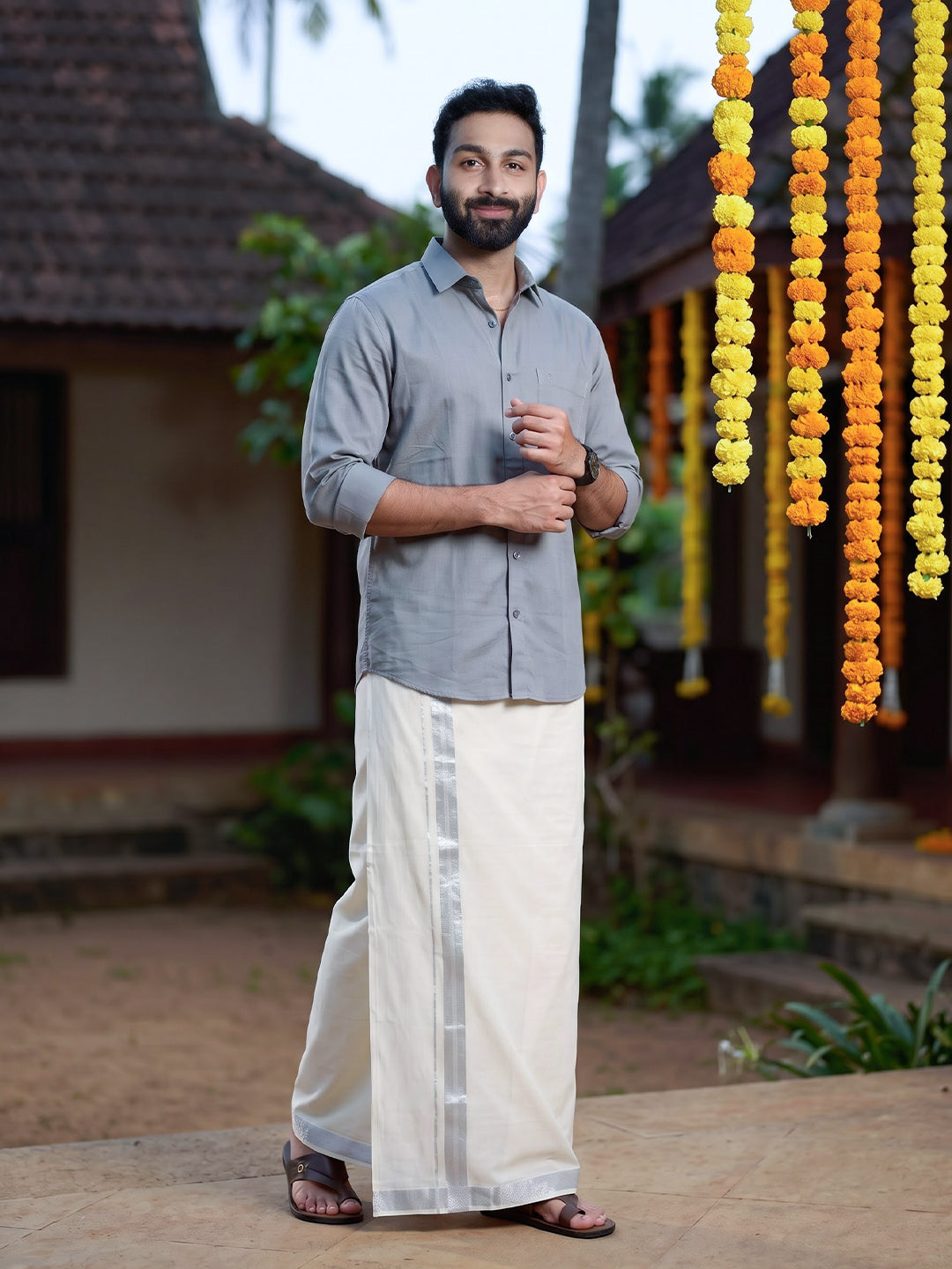 Double Layer 100% Cotton White Dhoti with Fancy Border - MSG01