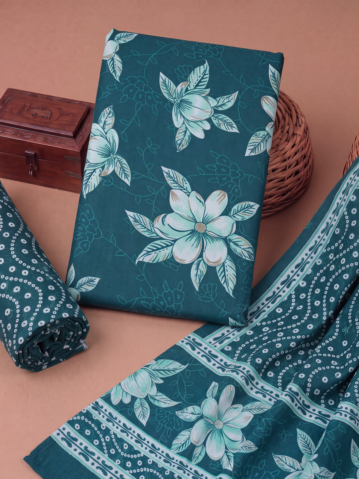 Women Cotton Green Printed Dress Material DM388