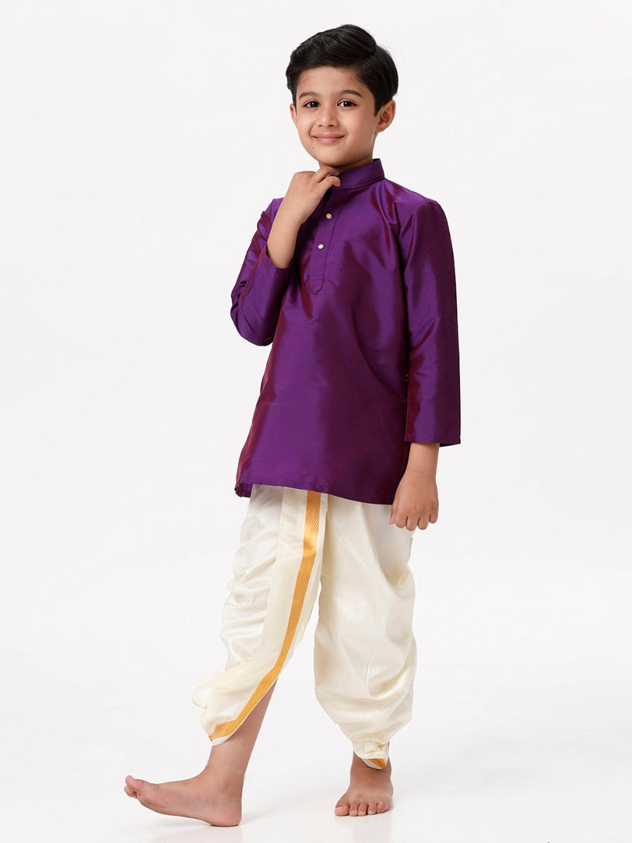 Boys Silk Cotton Full Sleeves Purple Kurta with Panchakacham Combo-Front view