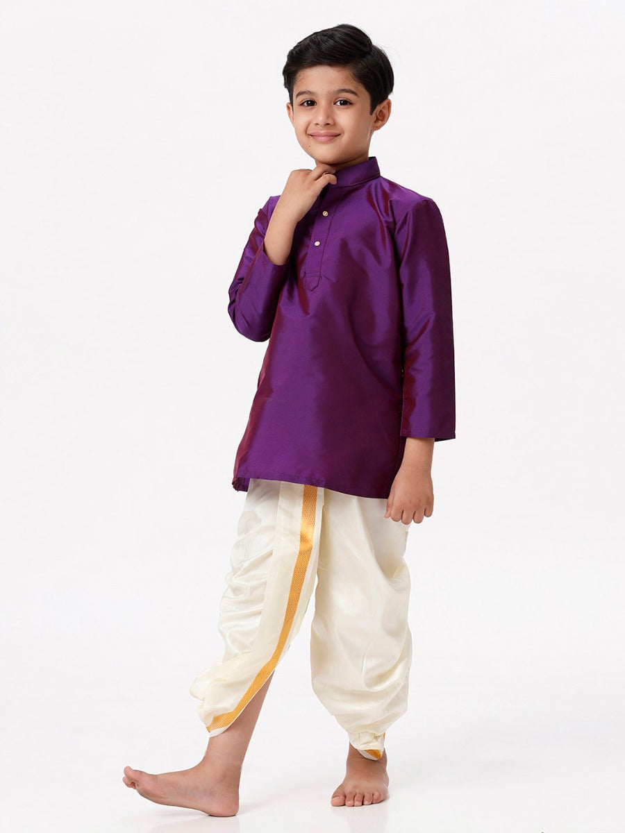 Boys Silk Cotton Full Sleeves Purple Kurta with Panchakacham Combo-Front view