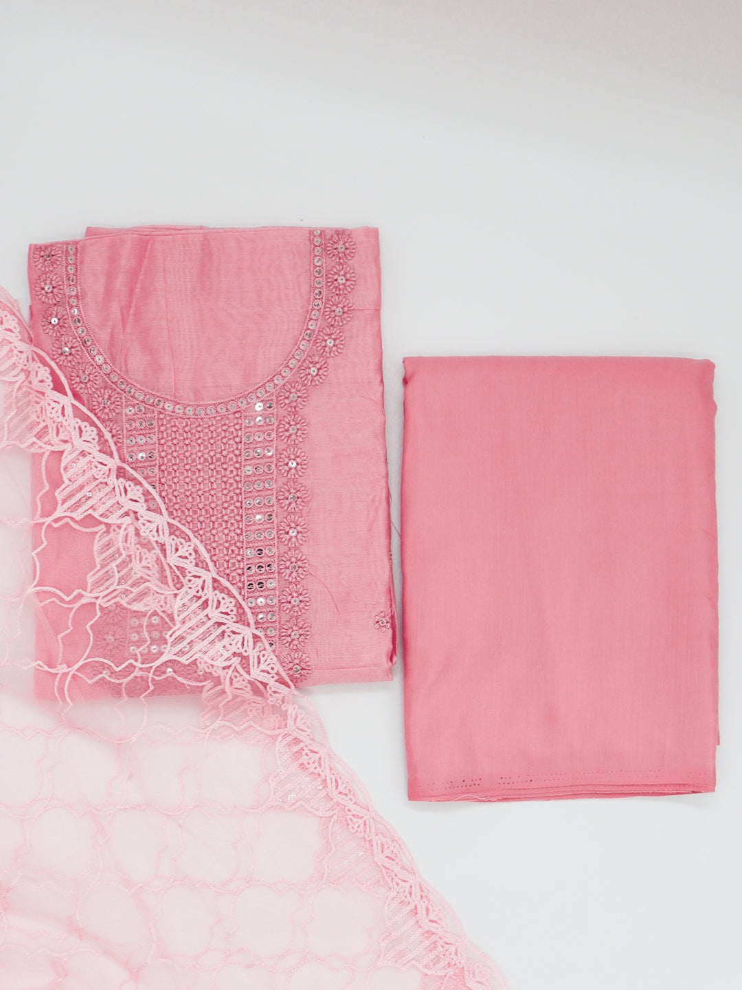 Women Semi Chanderi Embroidered Dress Material Pink DM355