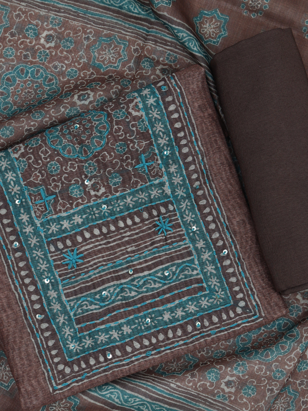 Women Pure Cotton Printed Dress Material Brown DM336