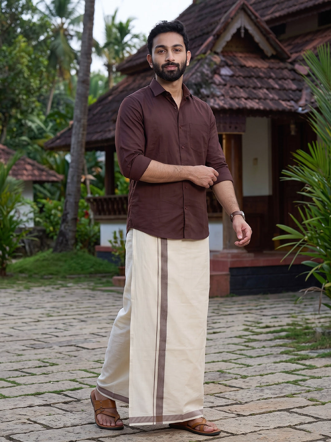 Double Layer Giza Cotton Cream Kora Dhoti with Colour Jari Border - LC54