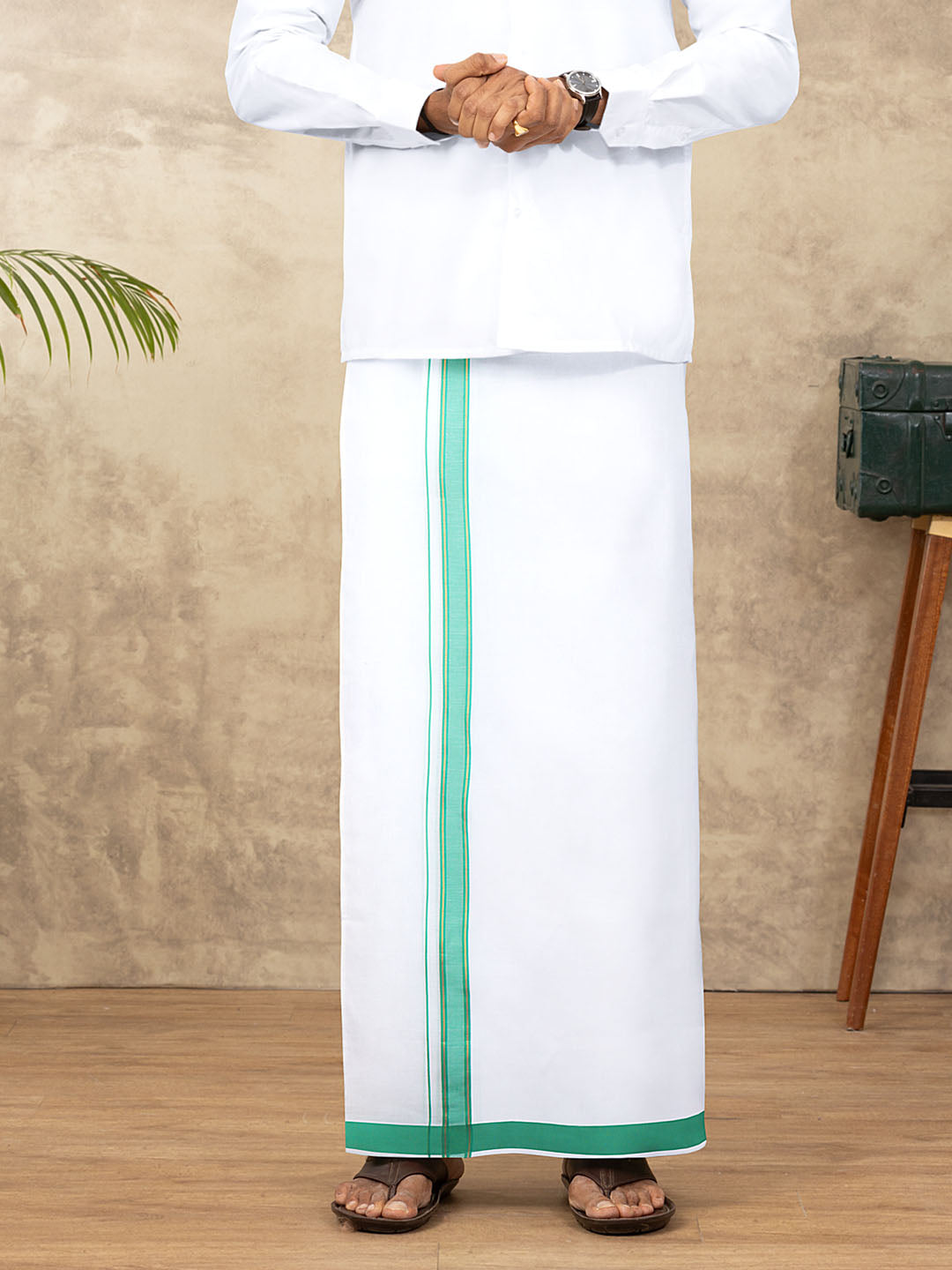 Men Cotton Blend Readymade Double Layer White Dhoti with Fancy Jari Border GFDA07