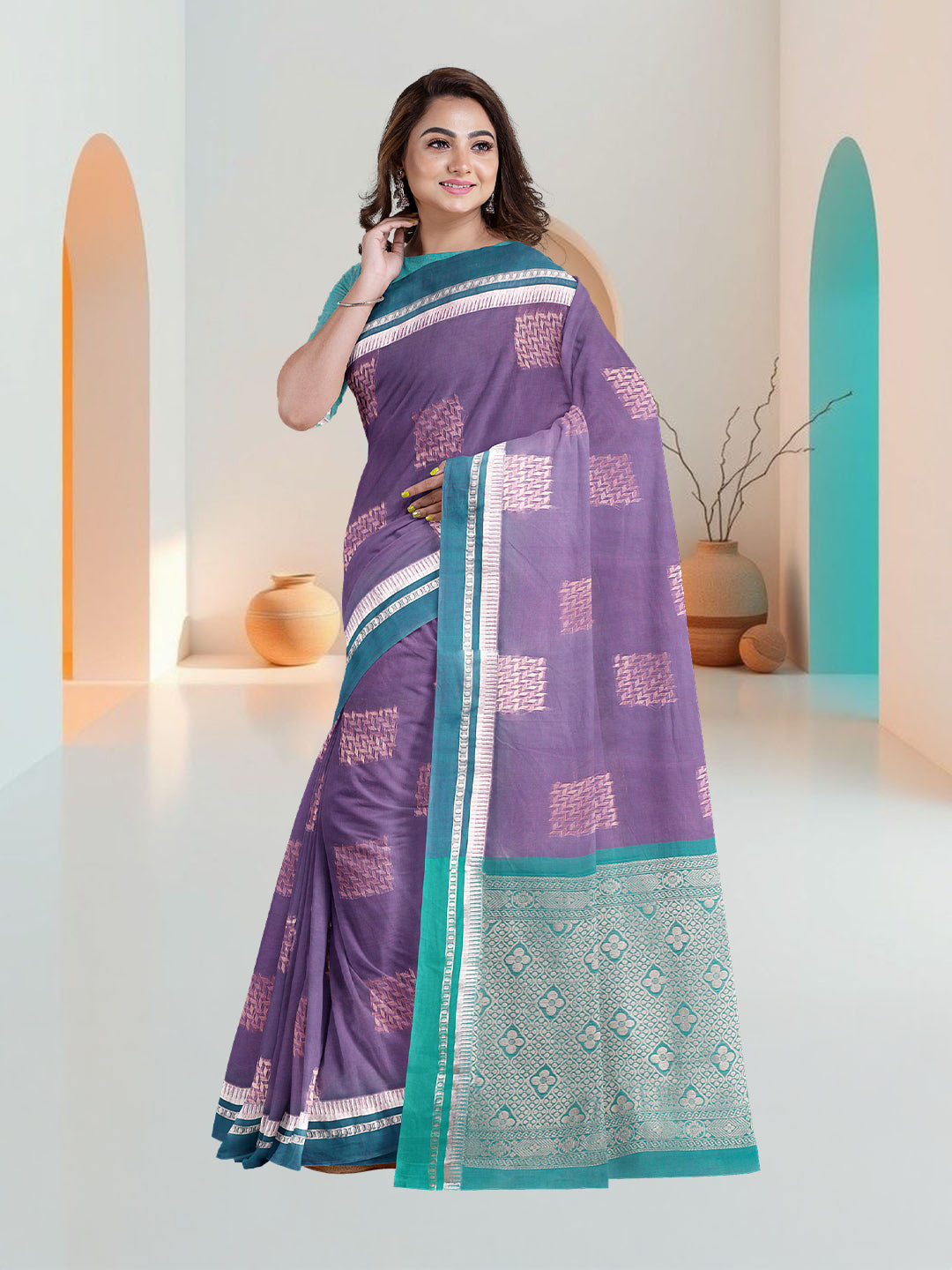 Women Dark Purple Kora Cotton Saree SK136