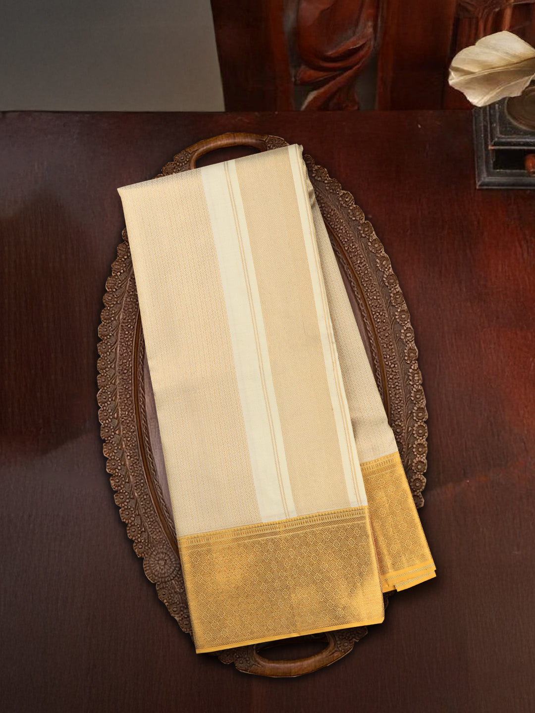 Men Elegant Premium Pure Silk Cream Dhoti & Towel Set with 6" inch Gold Jari Border Amirtham AM16
