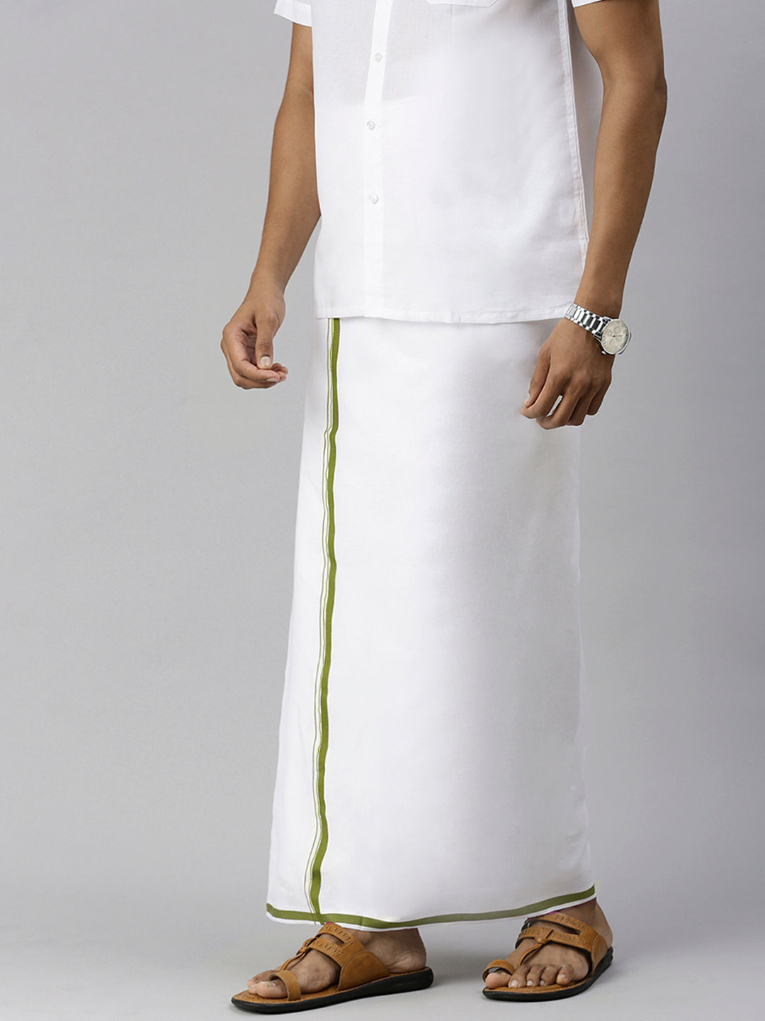 Mens Single Dhoti White with Big Border Mehandi (Perfume) Chutney Green-Side view