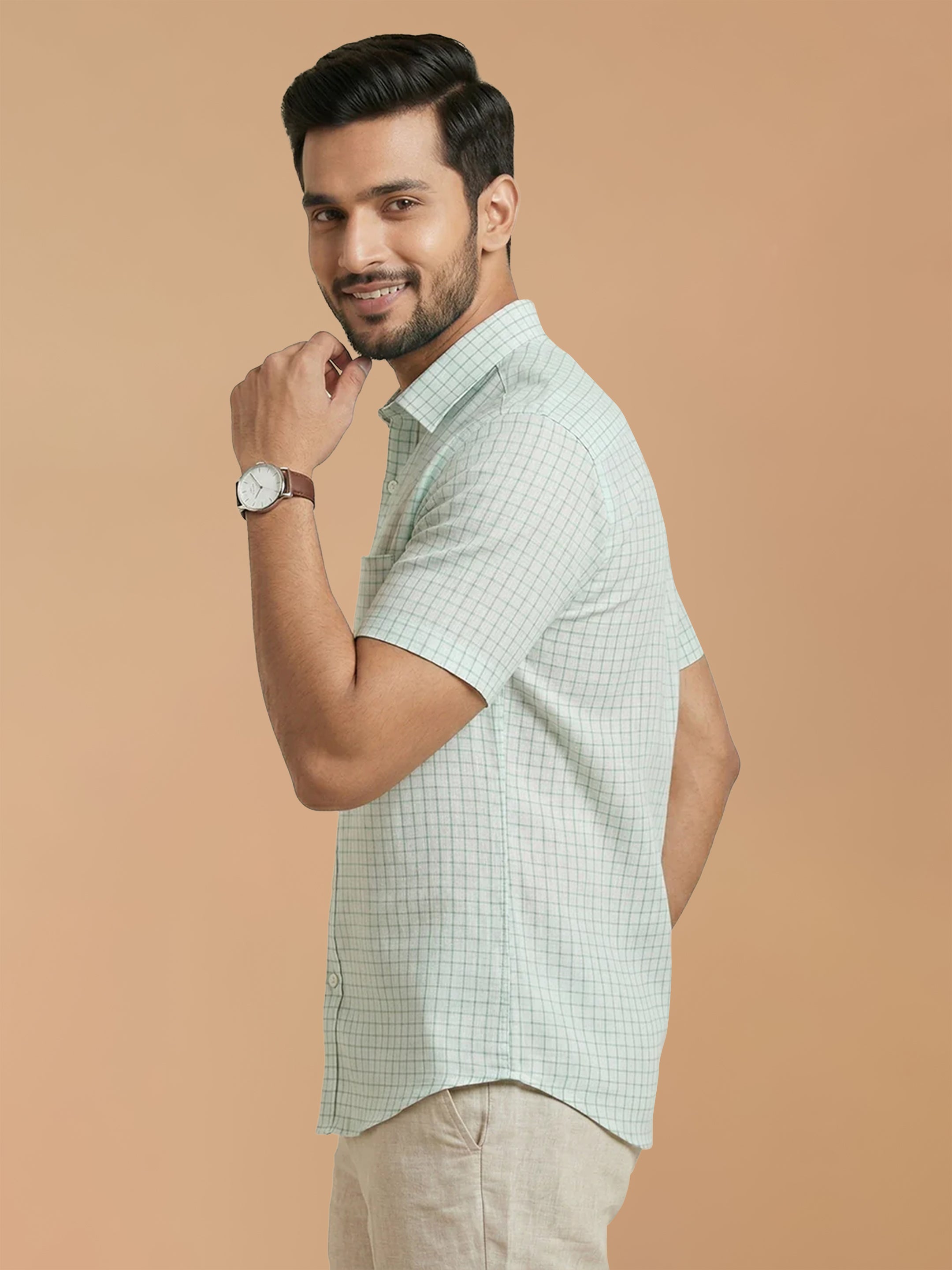 Pure Linen LT Blue Checked Smart Fit Shirt LS147