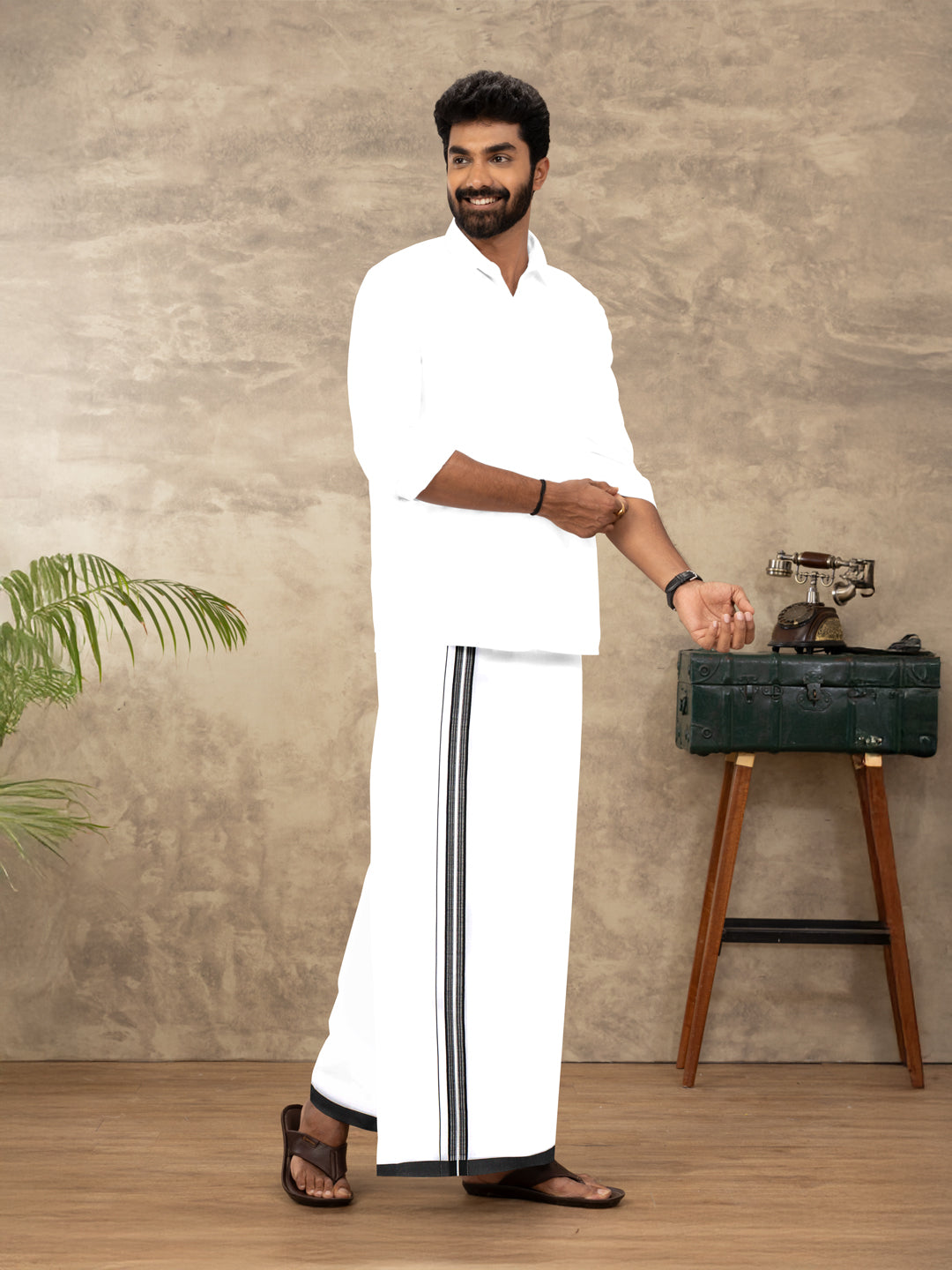 Men Cotton Blend Single Layer White Dhoti with Fancy Jari Border HSF01