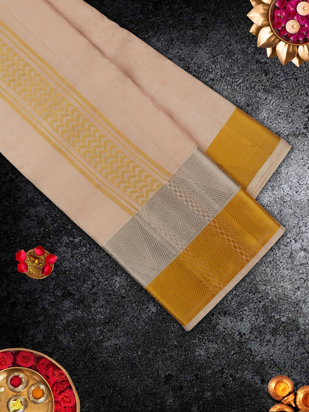 Pure Silk Rose Gold 3" Gold & Silver Jari Border Dhoti With Towel Thirukalyan-View two