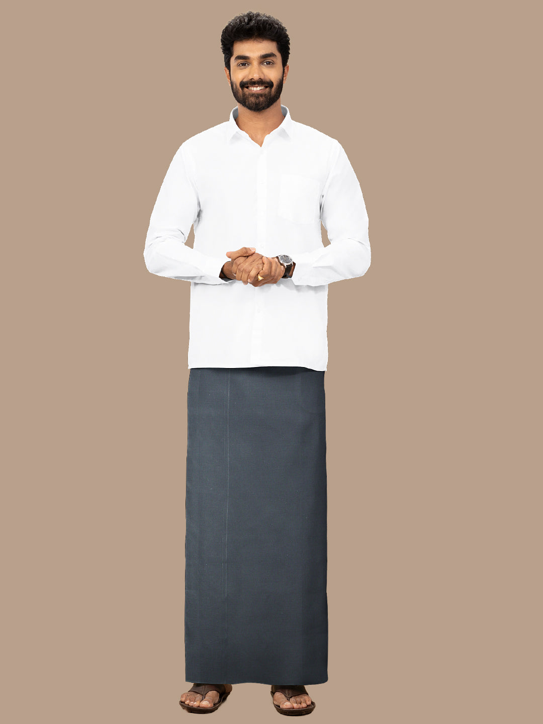 Men 100% Cotton Single Layer Dark Cement Dhoti with Assorted Border Poojan Paramas