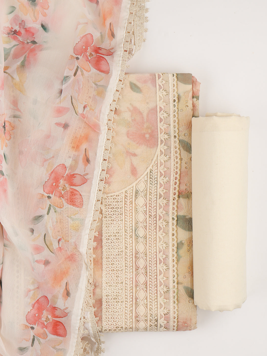 Women Cotton Rich Dress Material Cream with Light Pink- DM155