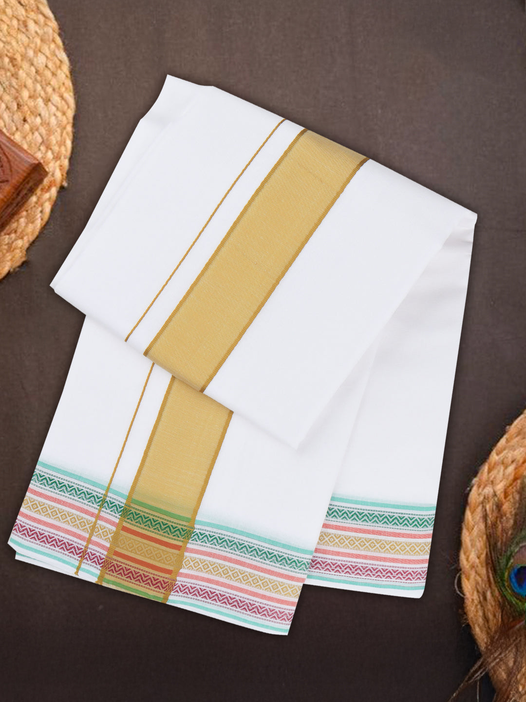 Men Cotton Green Fancy Border Panchakacham with Angavasthram Srirasthu(9+5) SR53