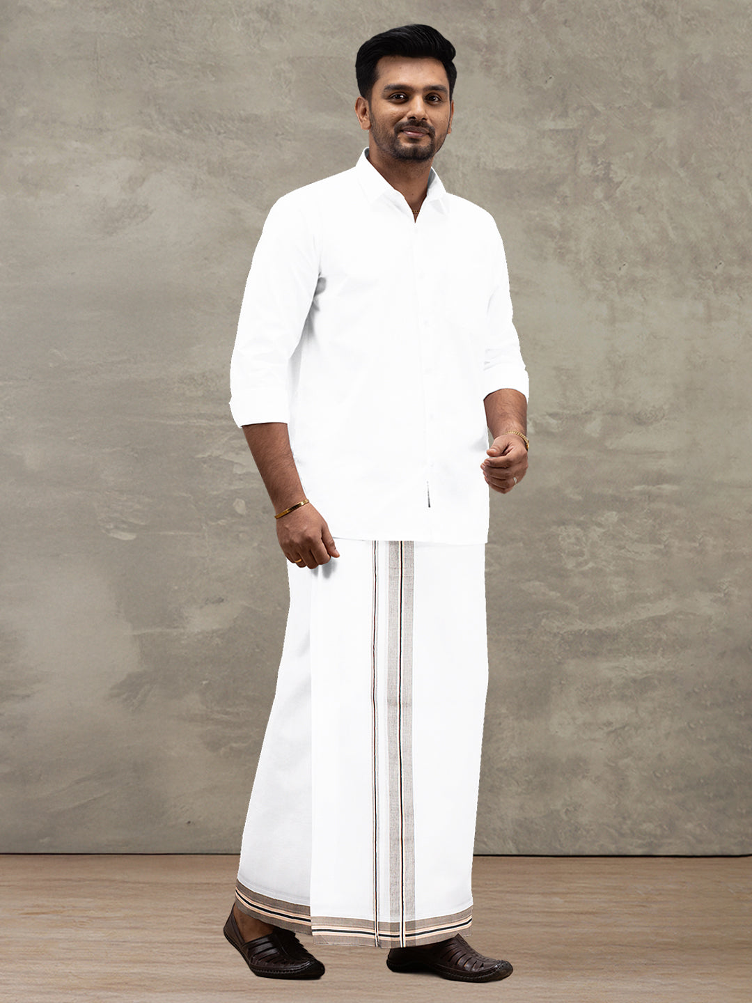 Men 100% Cotton Double Layer White Dhoti with Fancy Jari Border EJF11