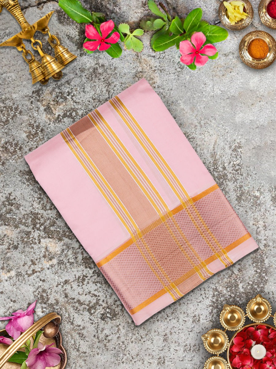 Premium Pure Silk Baby Pink Plain Shirt Bit with 3" Gold Fancy Jari Border Dhoti & Angavasthram Set Rajahamsa